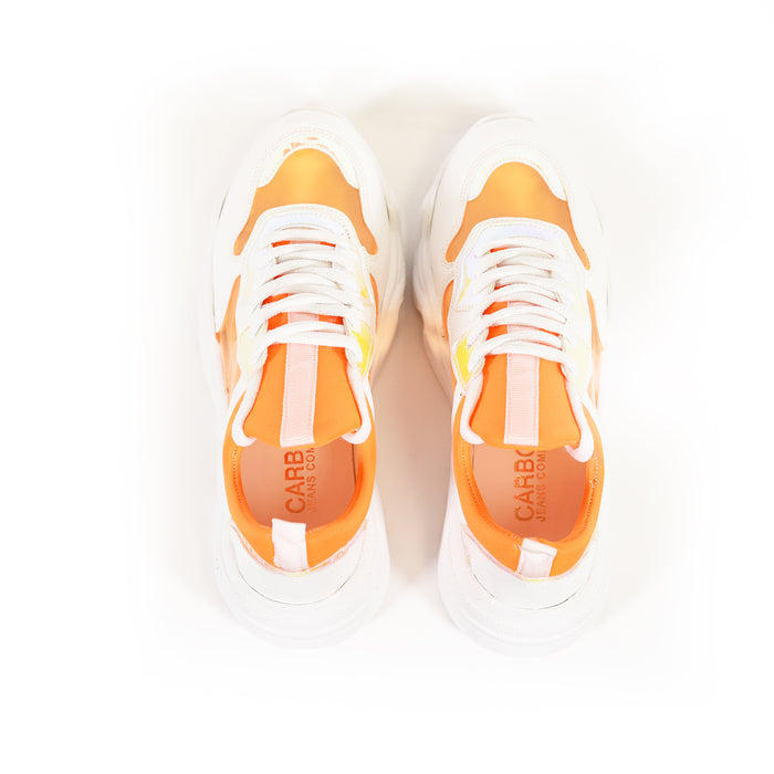 Top view of Edge White and Orange chunky sneakers for streetwear, featuring white laces and Carbon brand insoles.