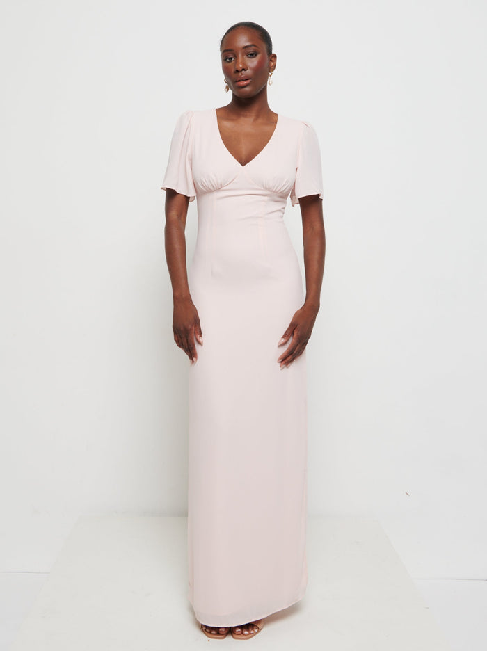 Aurelia is 5'9" & Wears Size UK 8|Edie Chiffon Maxi Bridesmaids Dress - Blush