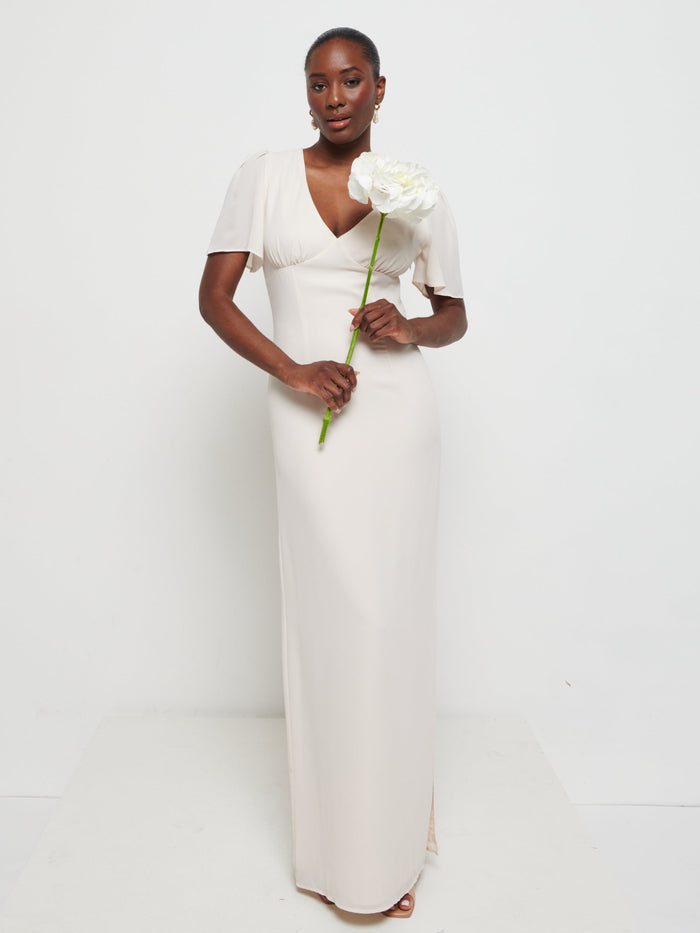 Aurelia is 5'9" & Wears Size UK 8|Edie Chiffon Maxi Bridesmaids Dress - Champagne