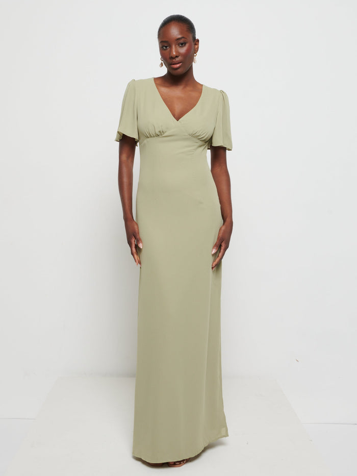 Aurelia is 5'9" & Wears Size UK 8|Edie Chiffon Maxi Bridesmaids Dress - Olive