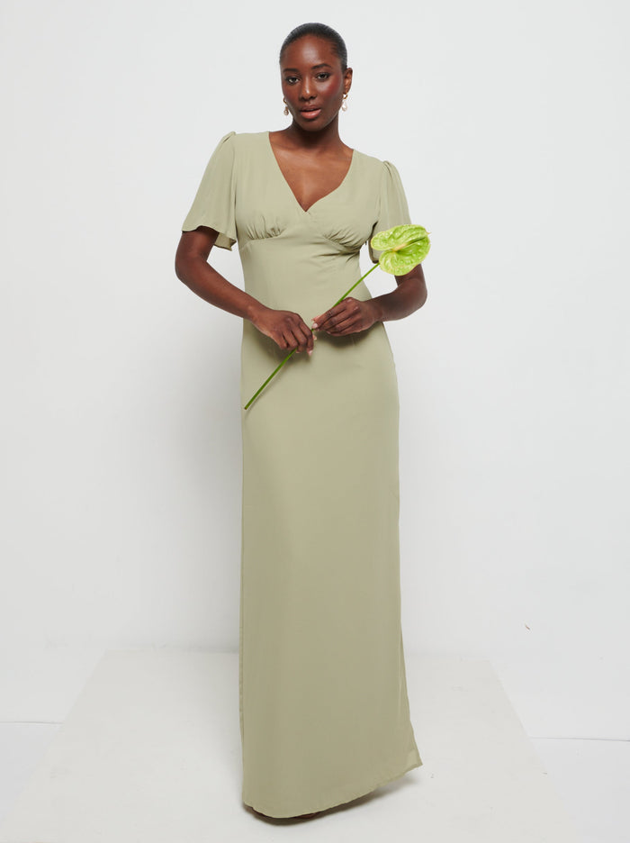 Aurelia is 5'9" & Wears Size UK 8|Edie Chiffon Maxi Bridesmaids Dress - Olive