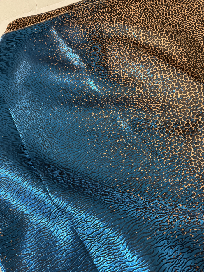 Elegant African Bazin Brocade  Lace Fabric - Crystal Blue and Brown