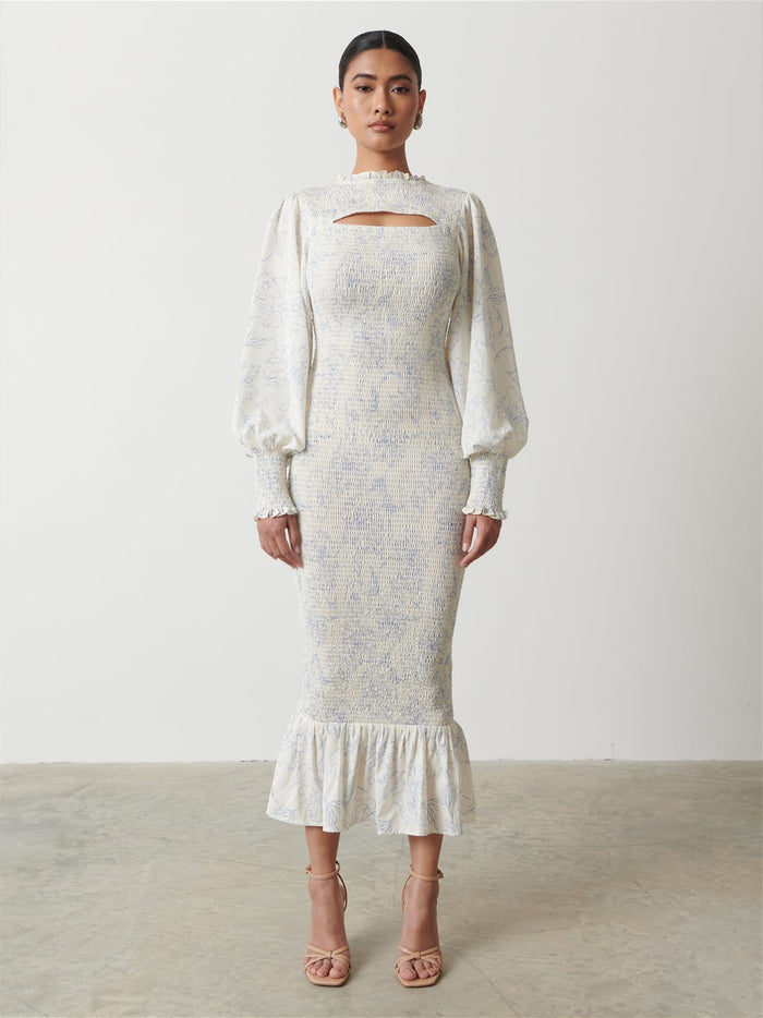 Candy Is 5'6" & Wears Size UK 8|Elise Cut Out Shirred Printed Midaxi Dress - Peony Abstract Floral Print