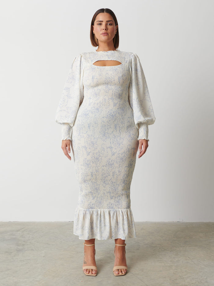 Rafaela Is 5'9" & Wears Size UK 18|Elise Cut Out Shirred Printed Midaxi Dress Curve - Peony Abstract Floral