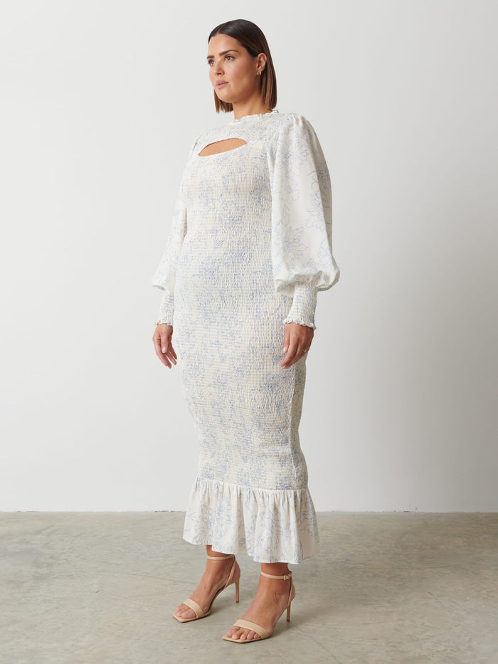 Rafaela Is 5'9" & Wears Size UK 18|Elise Cut Out Shirred Printed Midaxi Dress Curve - Peony Abstract Floral