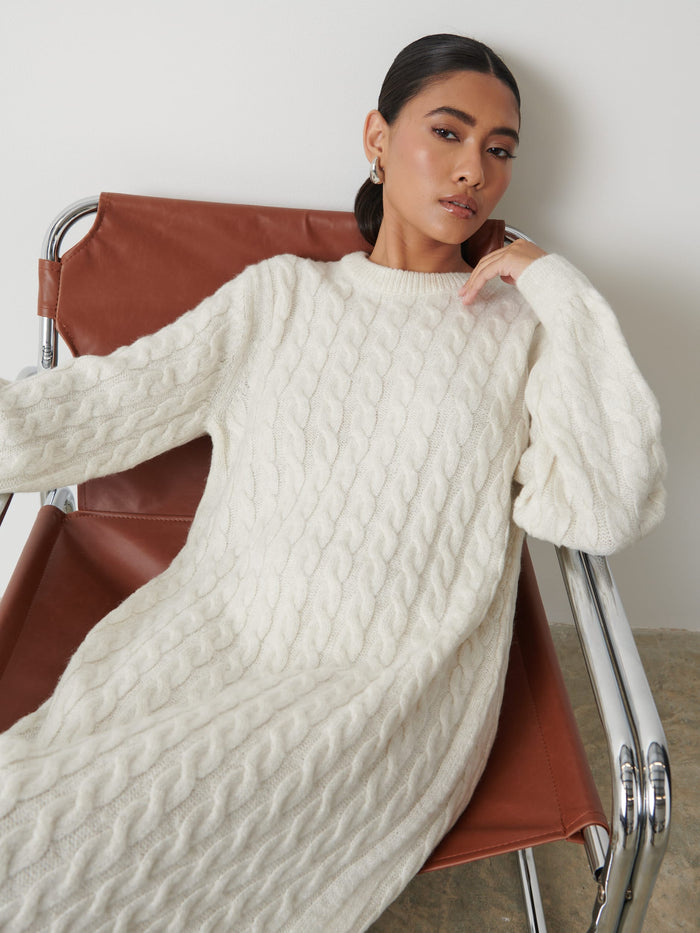 Candy Is 5'6" & Wears Size UK S|Elisha Cable Knit Midaxi Dress - Cream