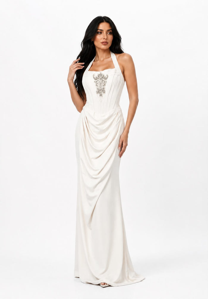 Embellished Halter Draped Maxi Dress - Pearl