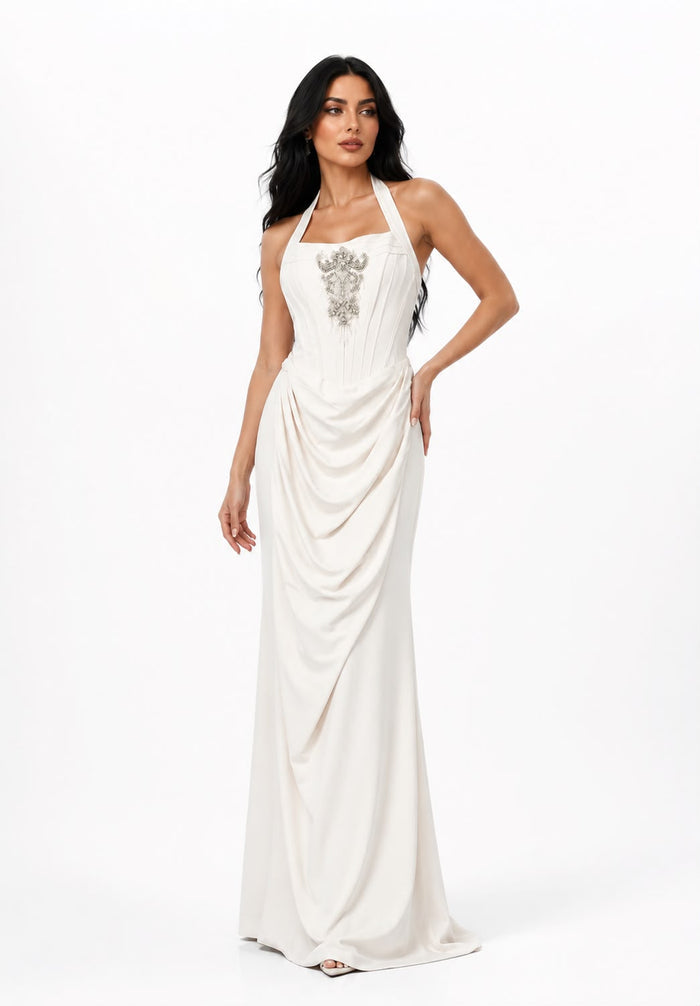 Embellished Halter Draped Maxi Dress - Pearl