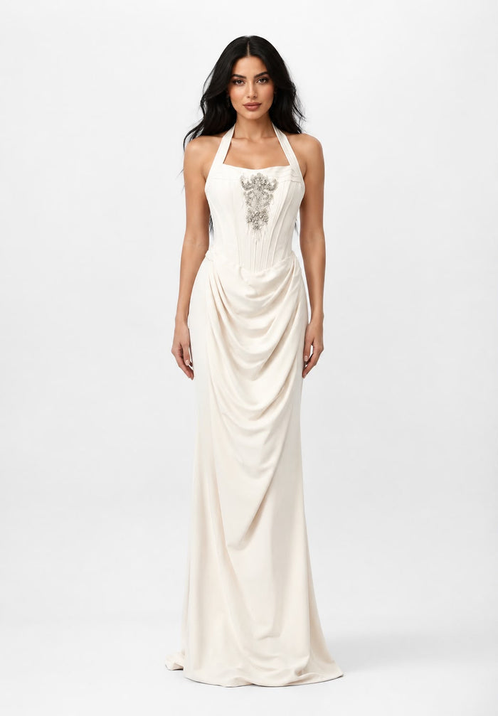 Embellished Halter Draped Maxi Dress - Pearl