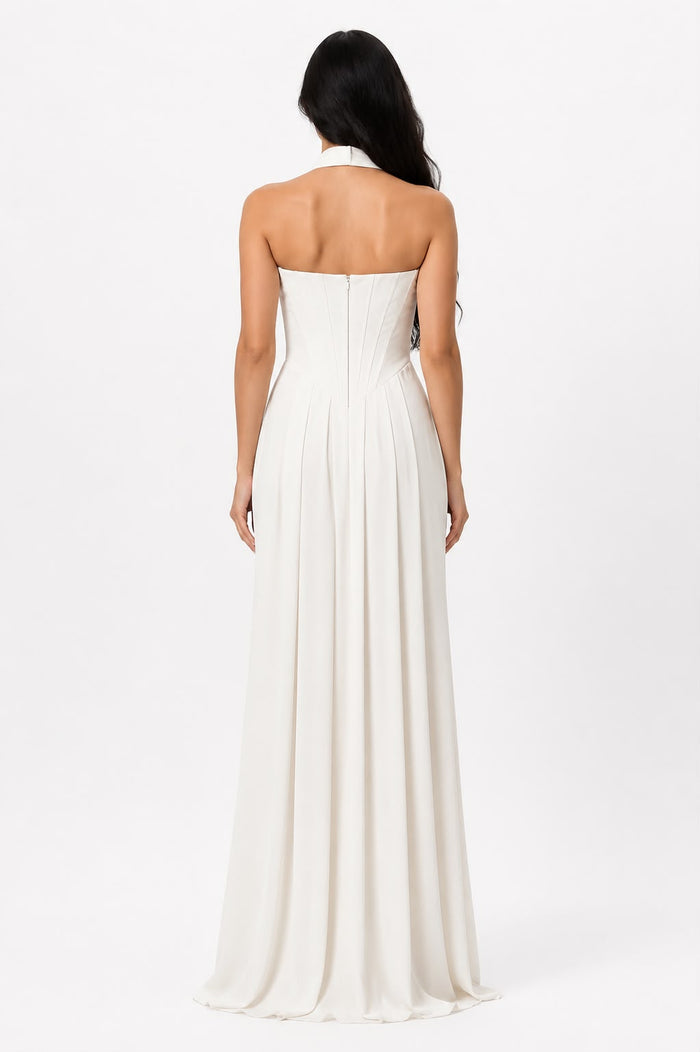 Embellished Halter Draped Maxi Dress - Pearl