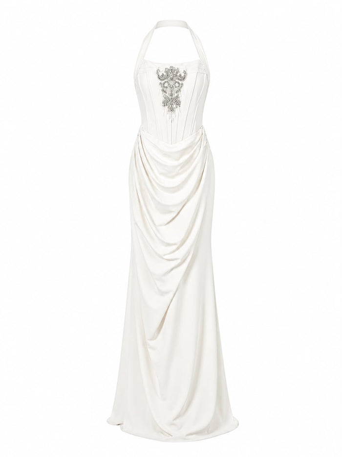 Embellished Halter Draped Maxi Dress - Pearl