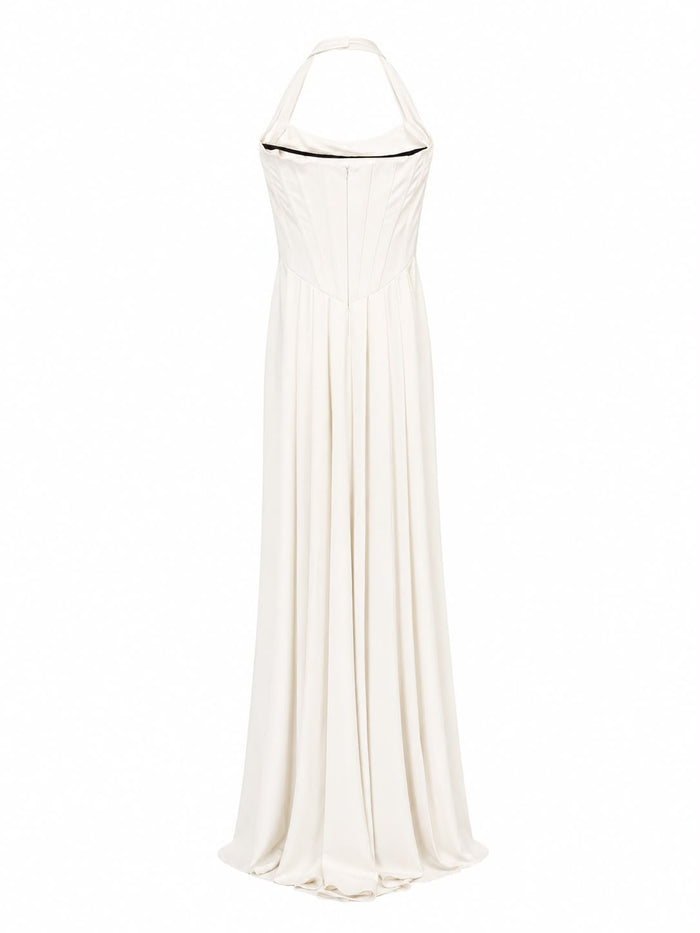 Embellished Halter Draped Maxi Dress - Pearl
