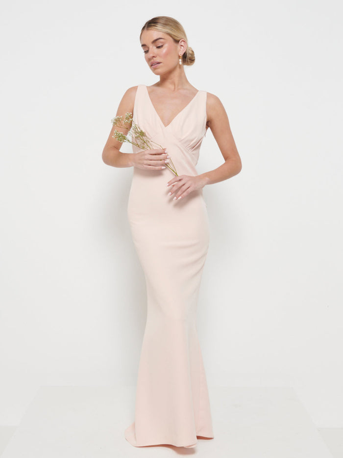 Taylor Is 5'9" & Wears Size UK 8|Esmee Crepe Maxi Bridesmaid Dress - Blush
