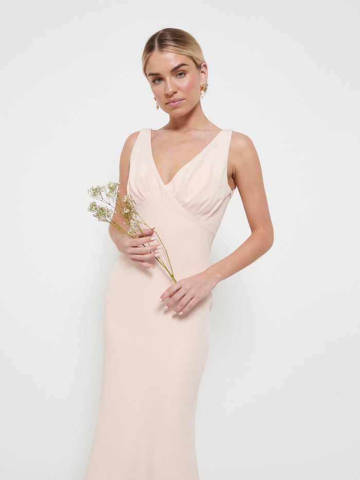 Taylor Is 5'9" & Wears Size UK 8|Esmee Crepe Maxi Bridesmaid Dress - Blush