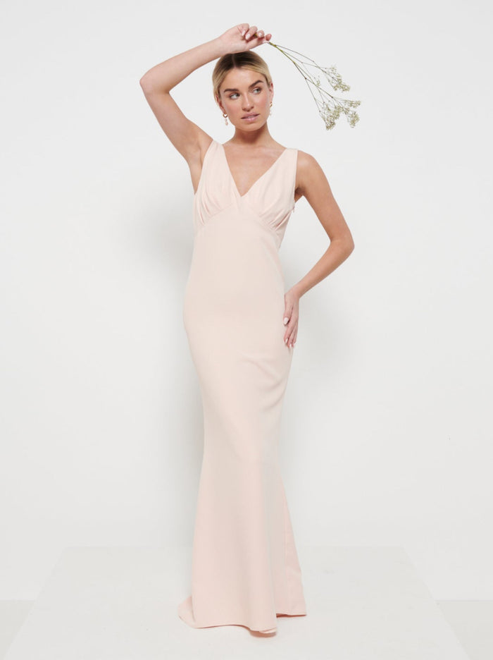 Taylor Is 5'9" & Wears Size UK 8|Esmee Crepe Maxi Bridesmaid Dress - Blush