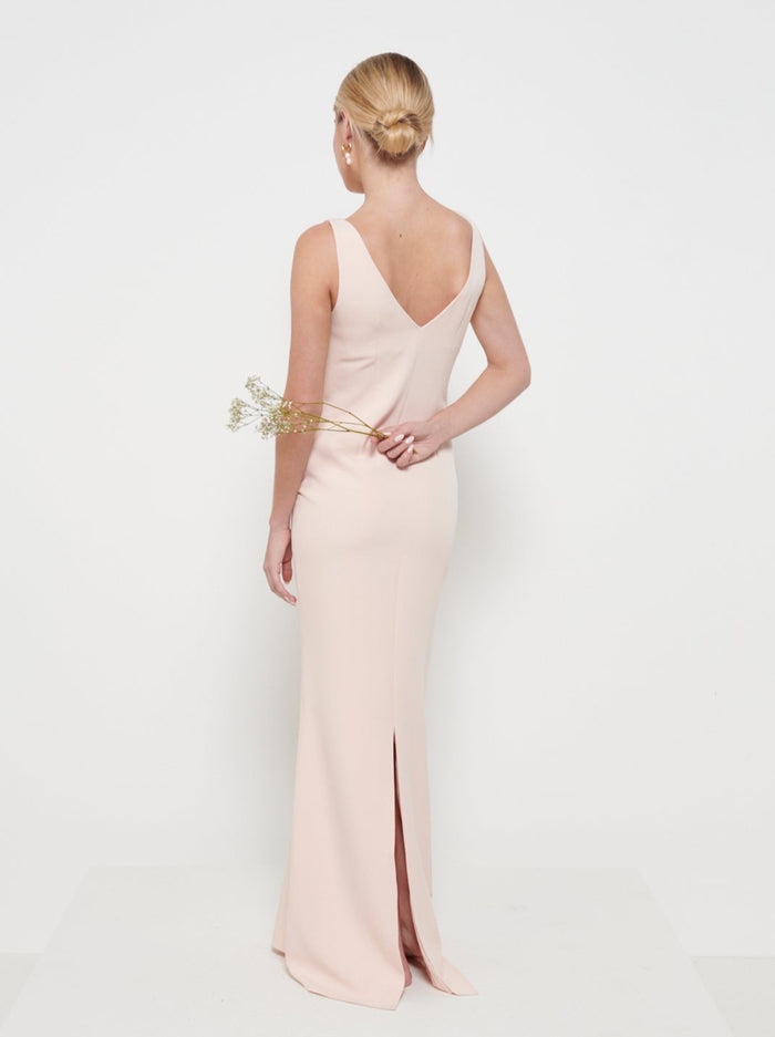Taylor Is 5'9" & Wears Size UK 8|Esmee Crepe Maxi Bridesmaid Dress - Blush
