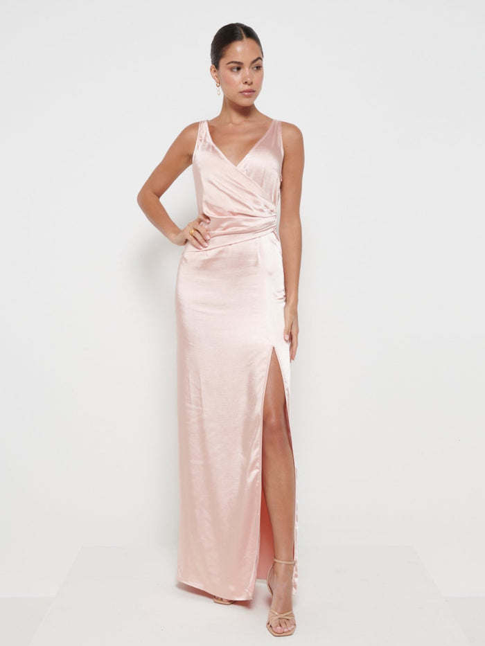 Elissa Is 5'8.5" & Wears Size UK 8|Esmee Wrap Maxi Bridesmaid Dress - Matte True Blush