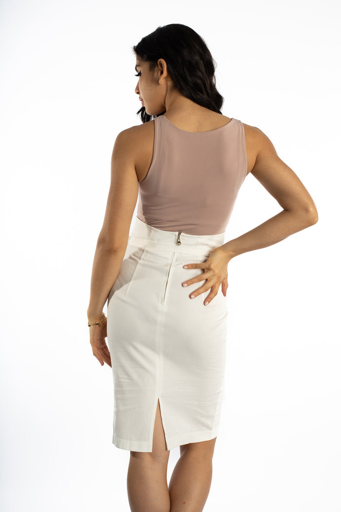 Rear view of model in the bronze Evie sleeveless bodysuit and a white high-waisted midi skirt for a sleek OOTD.