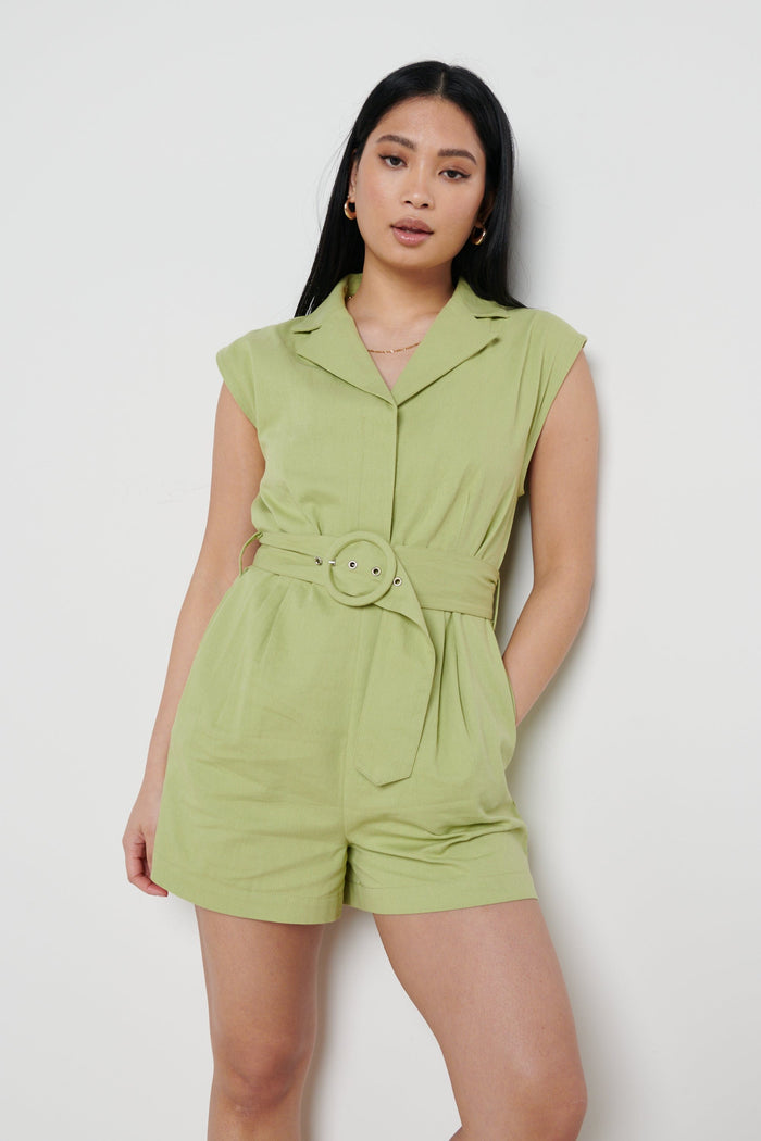 Sasha Is 5'4" & Wears Size UK 8|Farris Belted Playsuit - Green
