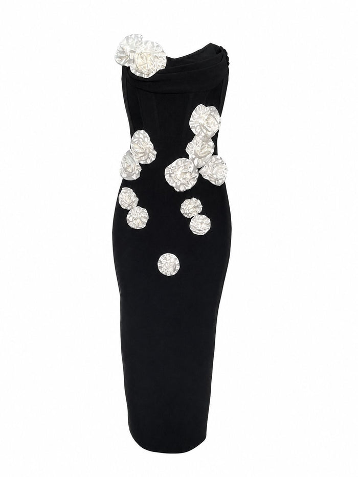 Floral Accent Strapless Midi Dress - Blossoms