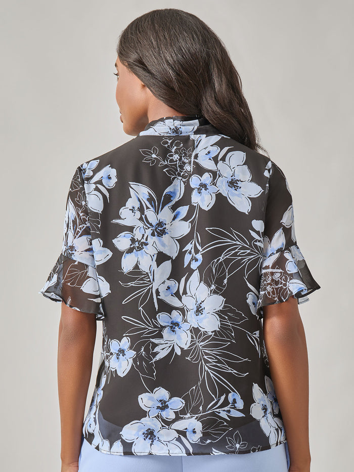 Floral Tie Front Blouse, Soft Drape, Black Multi | Kasper