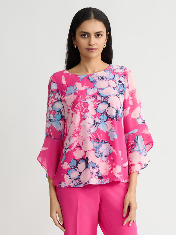 Plus Flounce Sleeve Blouse, Printed Chiffon, Aqua Oasis/Pink Perfection Multi | Kasper