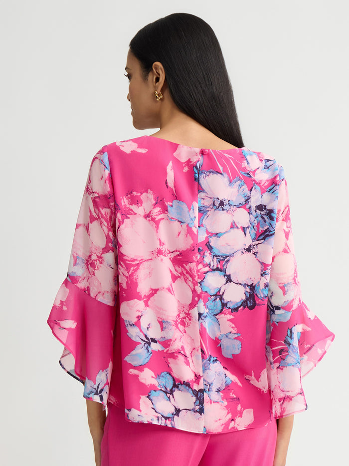 Plus Flounce Sleeve Blouse, Printed Chiffon, Aqua Oasis/Pink Perfection Multi | Kasper