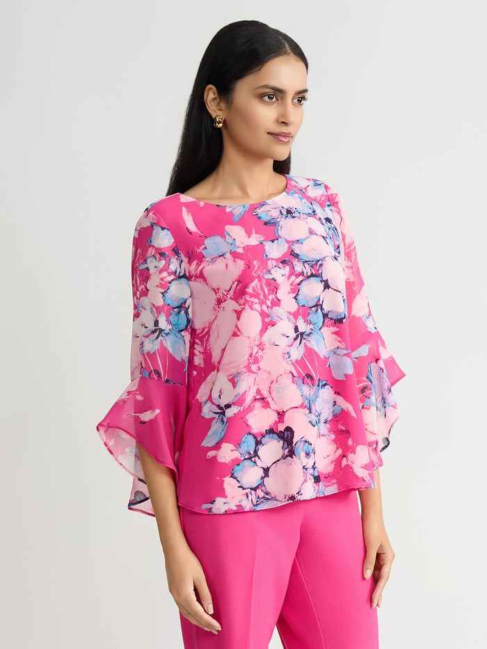 Plus Flounce Sleeve Blouse, Printed Chiffon, Aqua Oasis/Pink Perfection Multi | Kasper