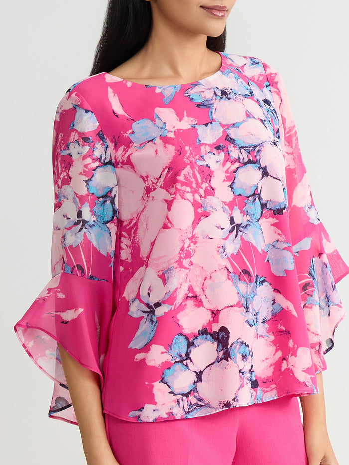 Plus Flounce Sleeve Blouse, Printed Chiffon, Aqua Oasis/Pink Perfection Multi | Kasper