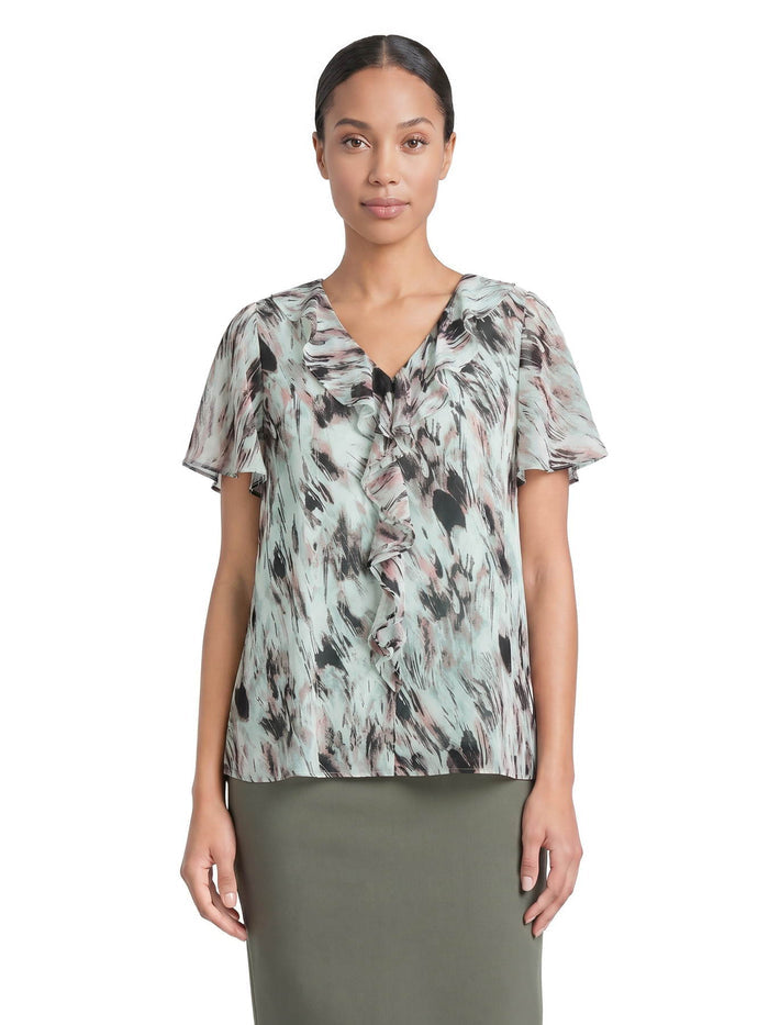 Flutter Sleeve Blouse, Feathered Sea Glass Multi | Kasper