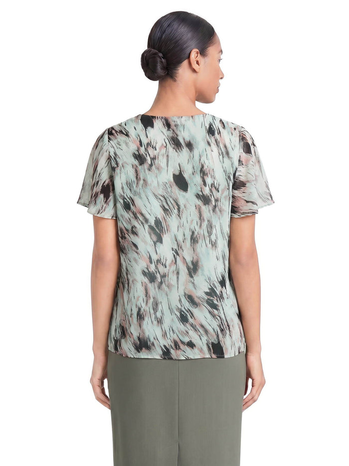 Flutter Sleeve Blouse, Feathered Sea Glass Multi | Kasper