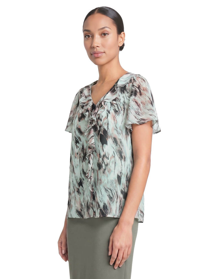 Flutter Sleeve Blouse, Feathered Sea Glass Multi | Kasper