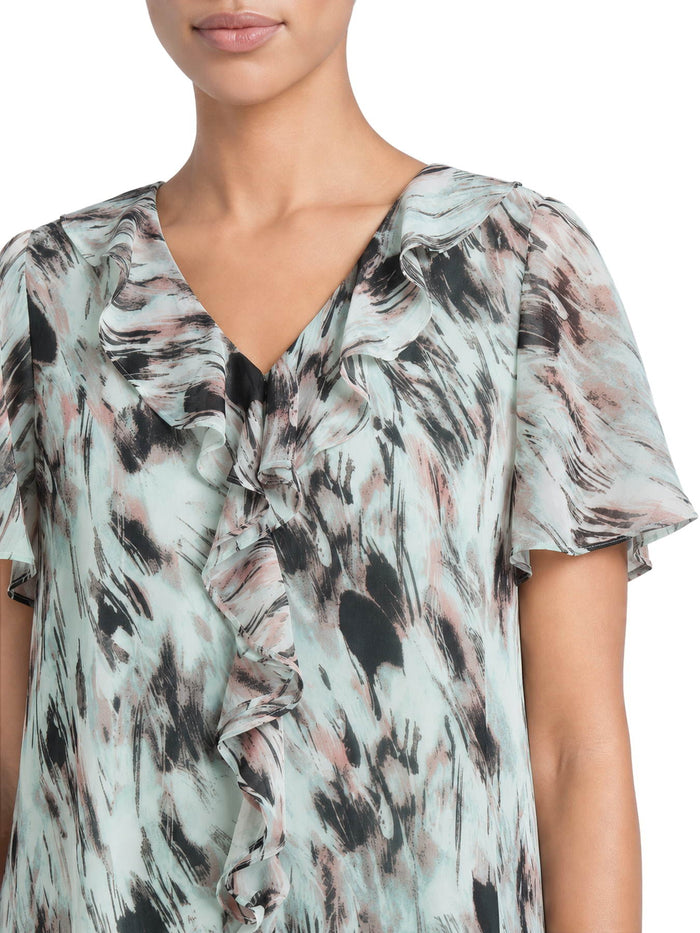 Flutter Sleeve Blouse, Feathered Sea Glass Multi | Kasper