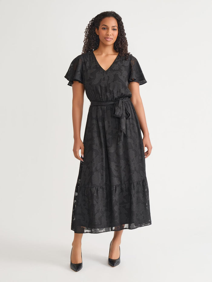 Flutter Sleeve Smocked Waist Dress, Black, Black | Kasper