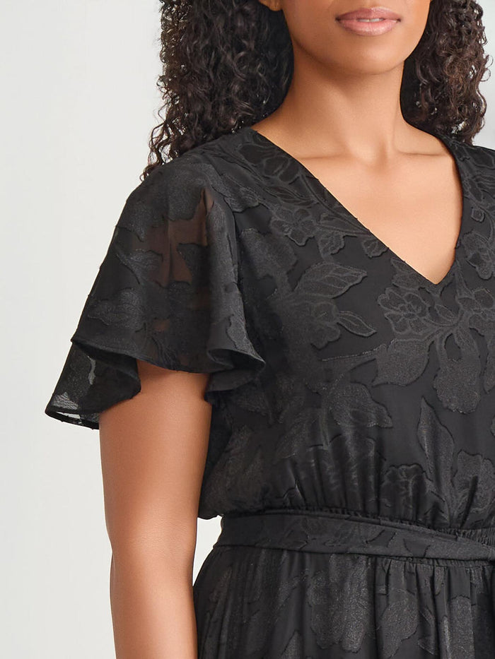 Flutter Sleeve Smocked Waist Dress, Black, Black | Kasper