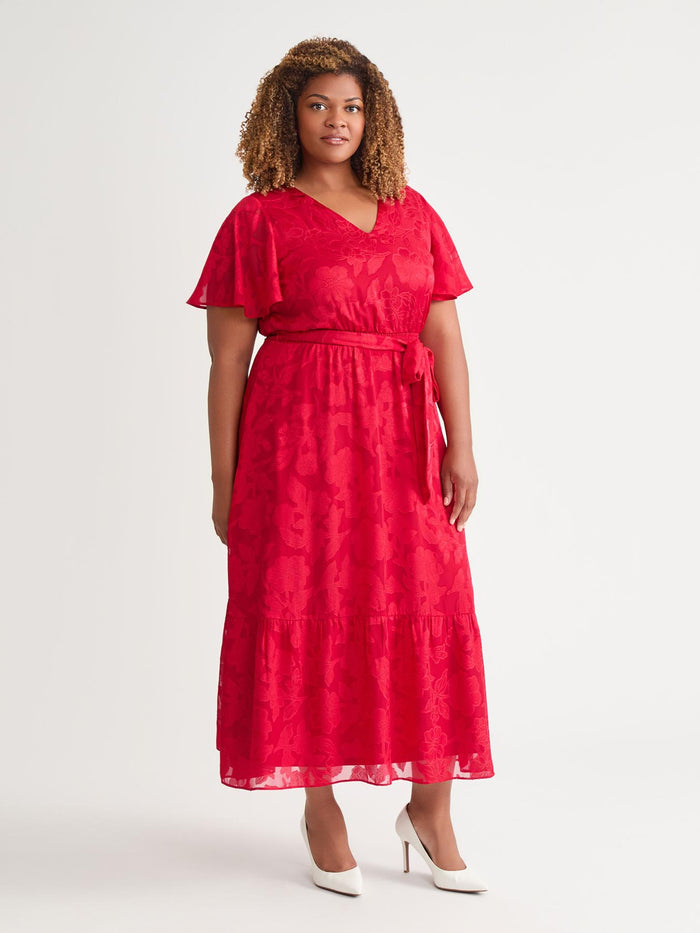 Flutter Sleeve Smocked Waist Dress, Crimson, Crimson | Kasper