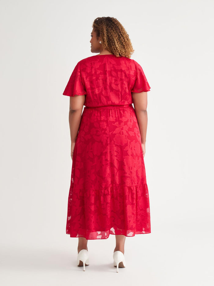 Flutter Sleeve Smocked Waist Dress, Crimson, Crimson | Kasper