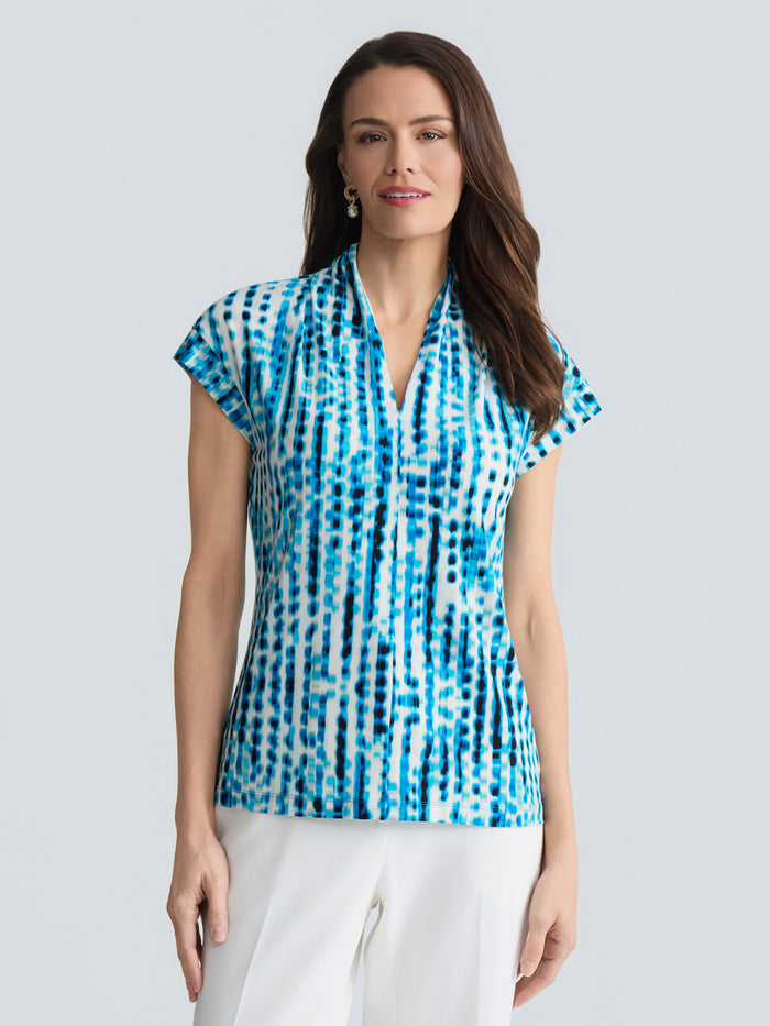 Plus Funnel Neck Sleeveless Top, Everyday Knit, Bright Azul Dotted Multi | Kasper