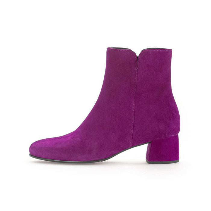 Women’s purple suede ankle boots with pointed toe and low block heel
