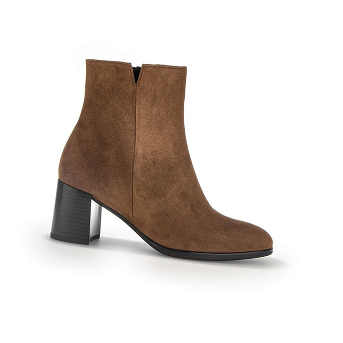 Women’s suede ankle boots, brown with side zipper and block heel