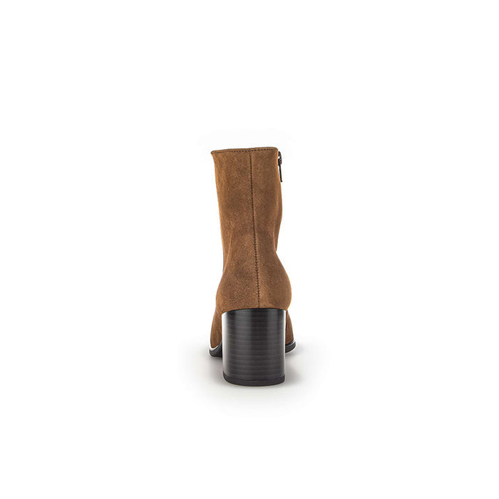 Women’s suede ankle boots, brown with stacked block heel and rear view