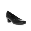 Women’s black leather closed-toe pump with low block heel