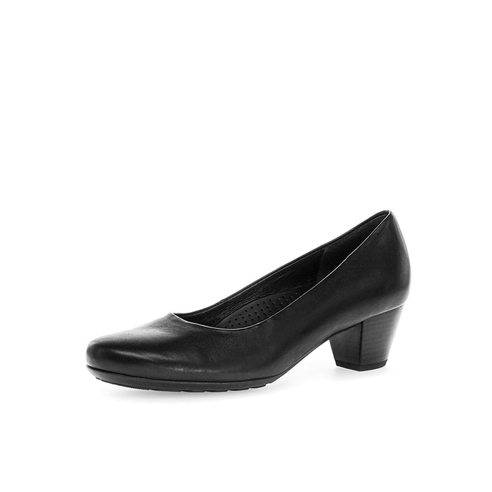 Women’s black leather closed-toe pump, side view with block heel