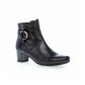Women’s black leather heeled ankle boots with side buckle detail