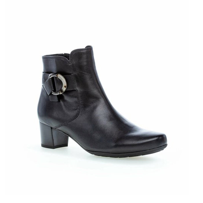 Women’s black leather heeled ankle boots with side buckle detail