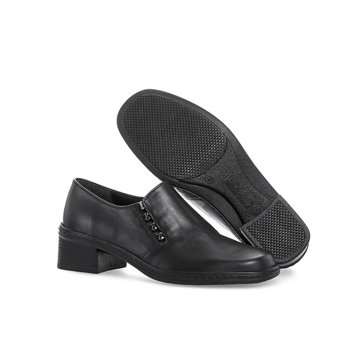 Black leather women's slip-on loafers with visible outsole tread and block heel