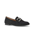 Black leather loafer with square metal buckle detail and low block heel