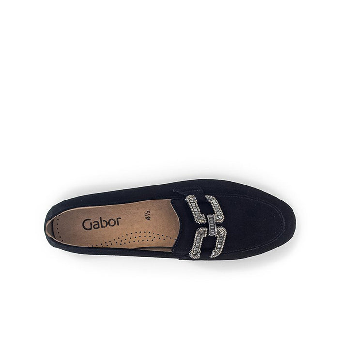 Black loafer with Gabor logo insole and square metal buckle strap