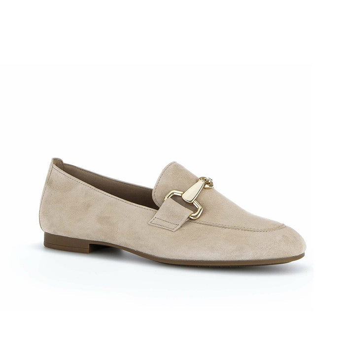 Beige suede-look loafer slip-on with metal buckle detail and low stacked heel