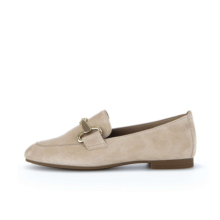 Beige suede-look loafer slip-on with gold-tone buckle strap and side profile